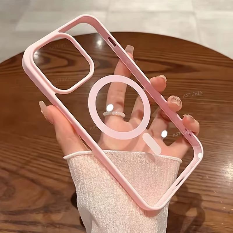 New Acrylic Magnetic Clear Case for  16 15 14 13 12 11 Pro Max 16 plus Magsafe Wireless Charge Girls Pink Hard Back Cover